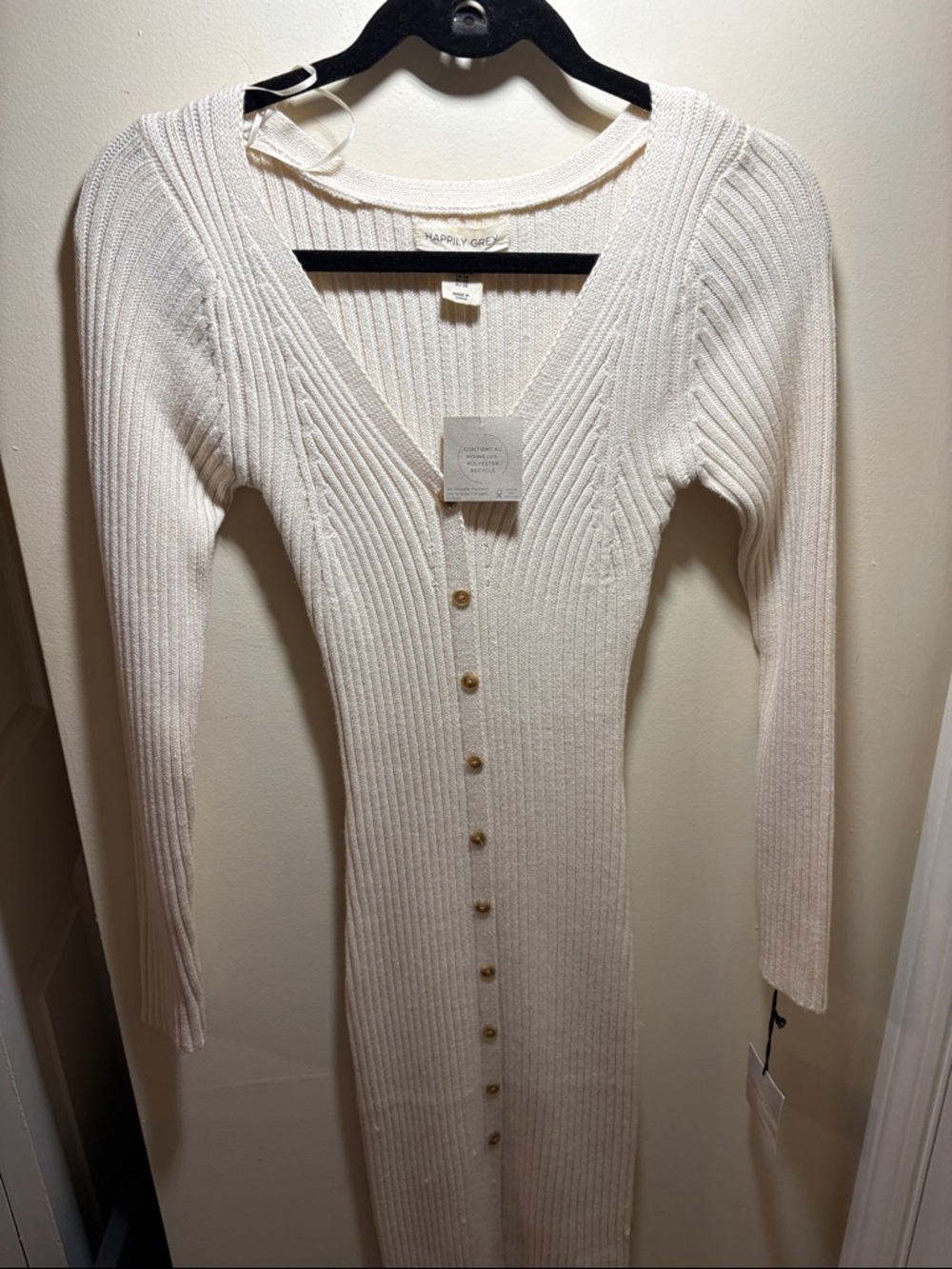 Long Sleeve Ribbed Button-Front Dress in Cream
